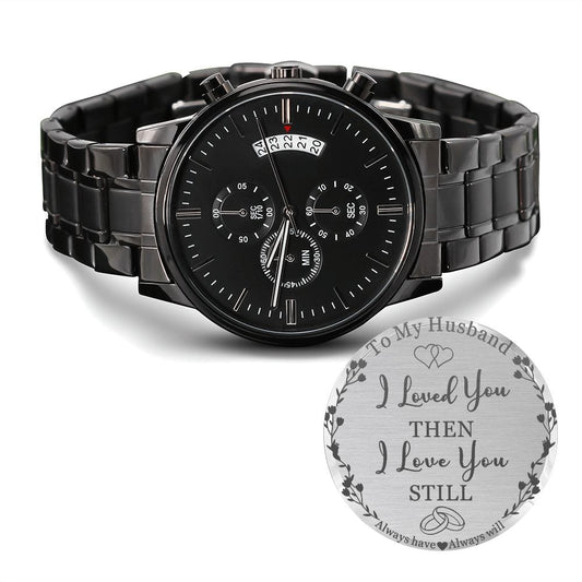 To My Husband - Engraved Design Black Chronograph Watch